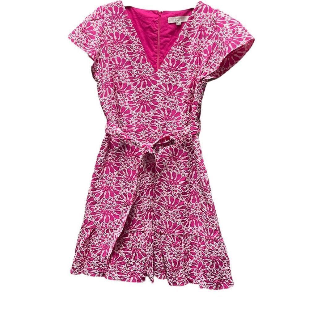 Loft size 8 heavily embroidered fit n flare ruffle cap sleeves dress